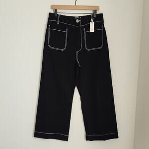 ANTHROPOLOGIE MAEVE The Colette Contrast Stitch Cropped Wide Leg Pants 32 Black